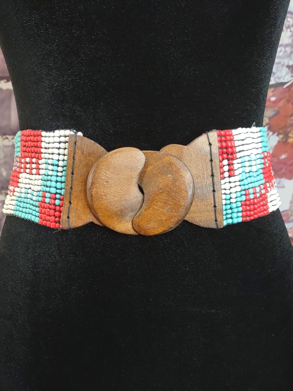 Artisan Crafted Beaded Stretch Belt w/Wooden Buckle